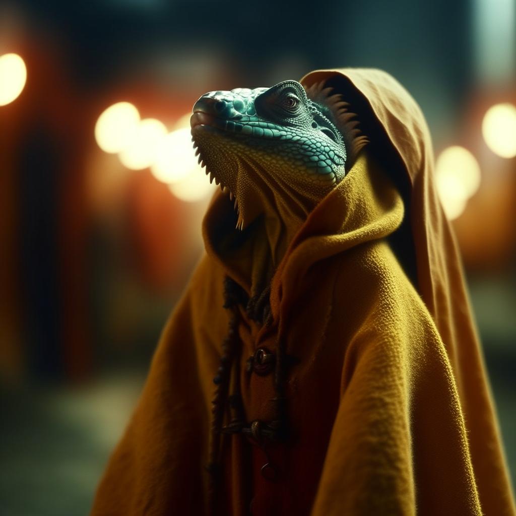 An epic film still of a cute yellow Iguana clad in a rust-colored, cultist cloak. The scene features a shallow depth of field, vignette, highly detailed, high budget bokeh, in a stunning grainy and moody cinemascope.