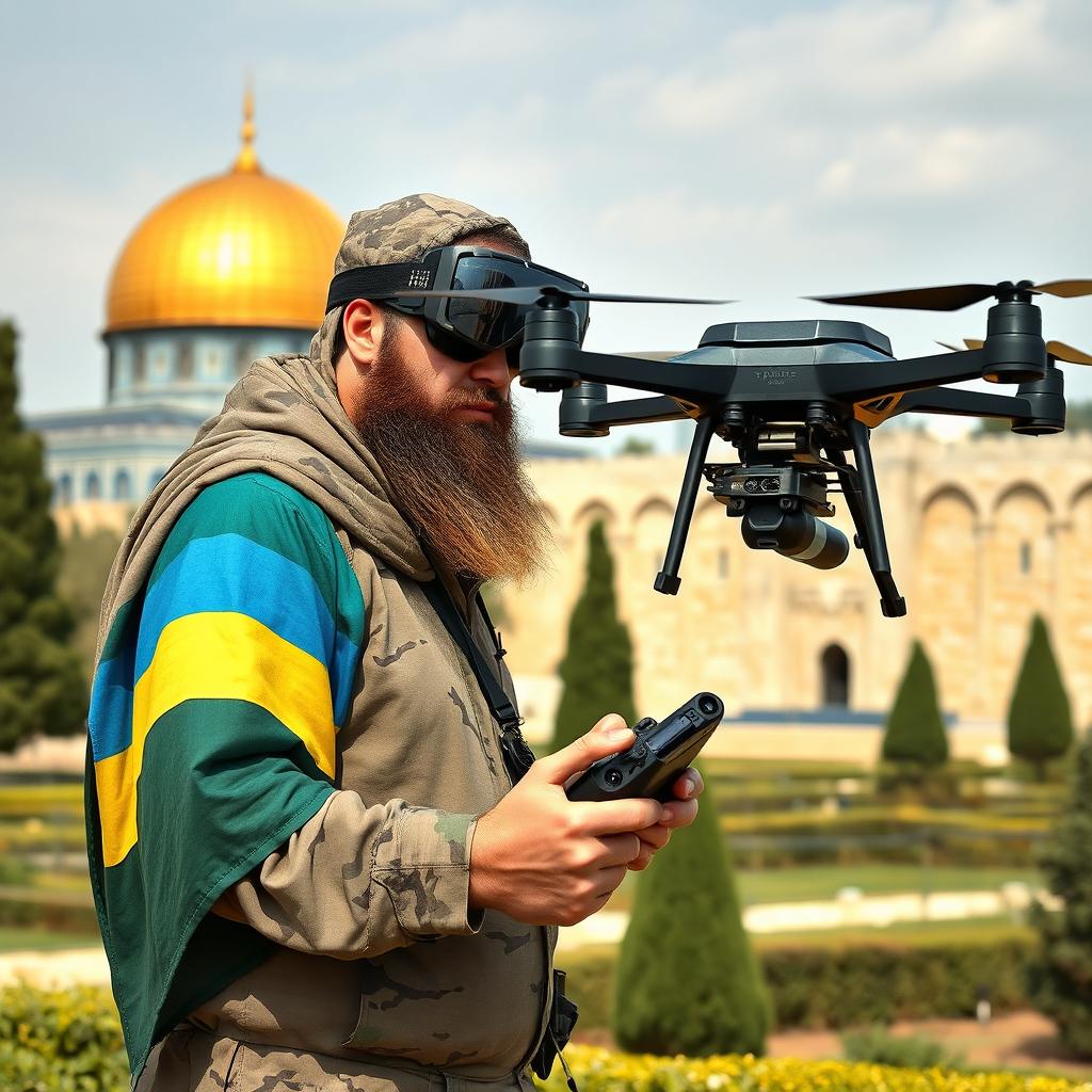 A slightly large Mujahid with a long beard, wearing military camouflage clothing and a Tawhid flag veil on his arm, expertly controlling a kamikaze FPV quadcopter drone equipped with an RPG explosive