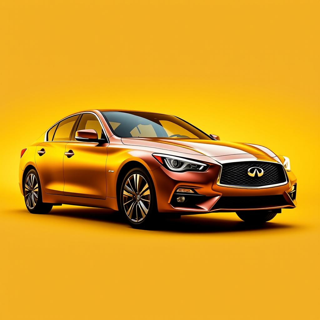 An Infiniti Q50 luxury sedan displayed prominently against a soft yellow background, showcasing its sleek lines and modern design