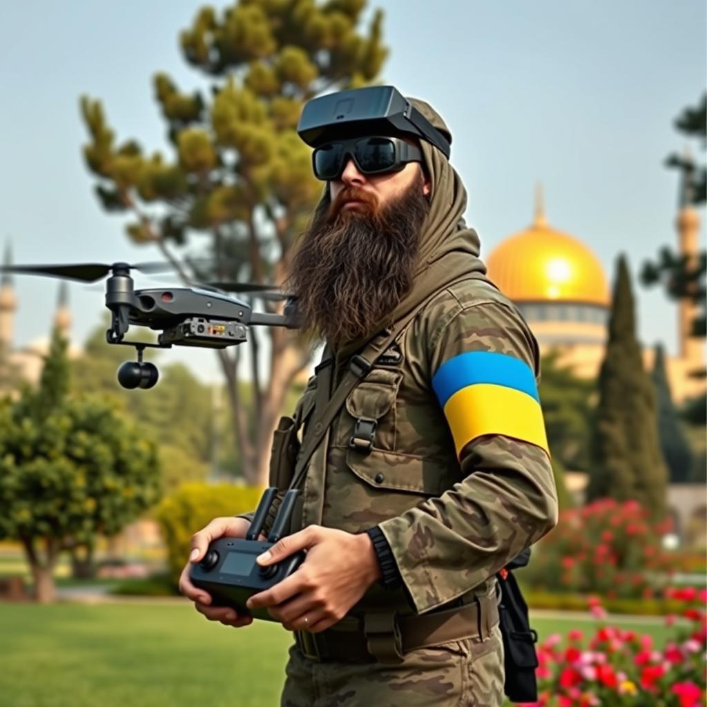A slightly large, long-bearded Mujahid wearing military camouflage stands in a lush garden, flying an FPV kamikaze quadcopter equipped with an RPG explosive, reminiscent of drones used in the Ukrainian war