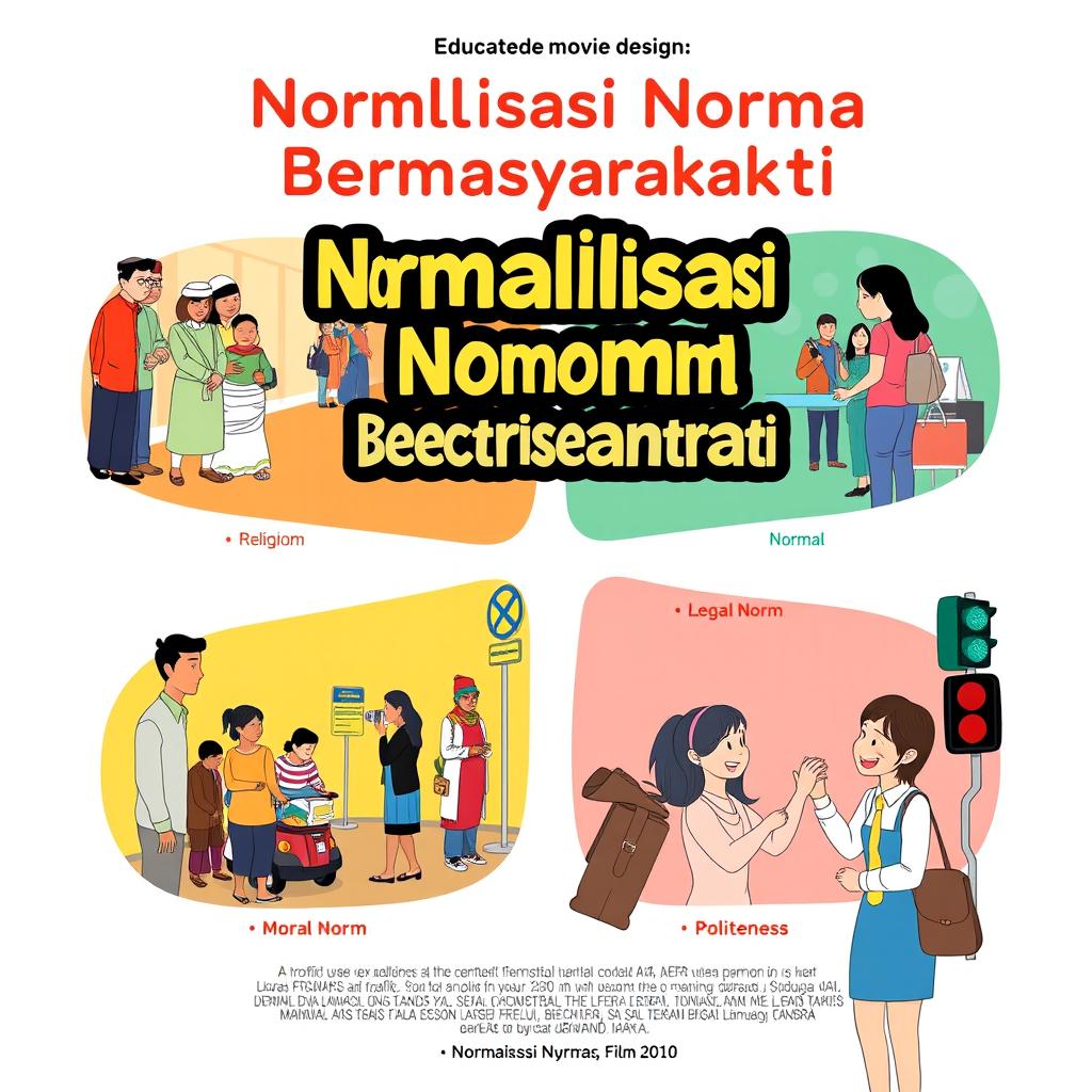 An A4 movie cover design for an educational film titled 'Normalisasi Norma Bermasyarakat'