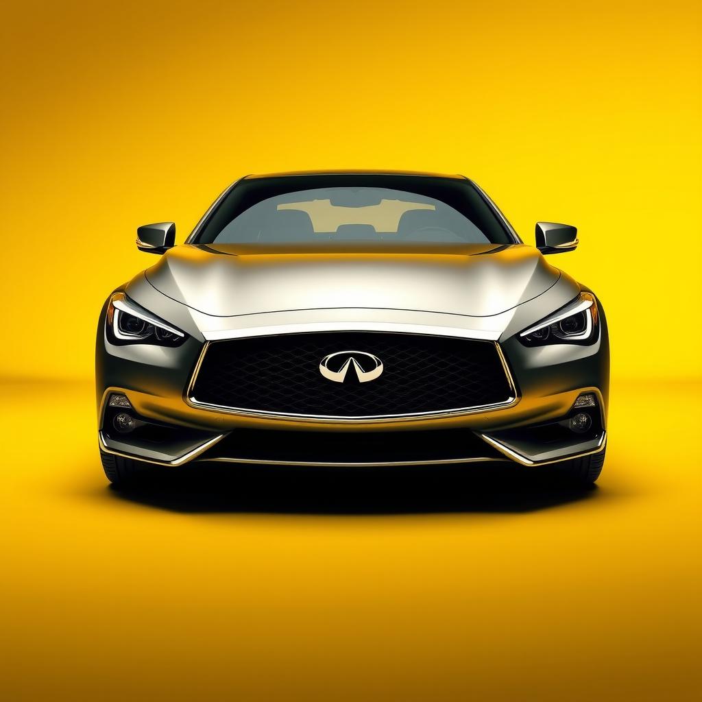 A detailed front view of an Infiniti Q50 car, showcasing its sleek design and elegant lines