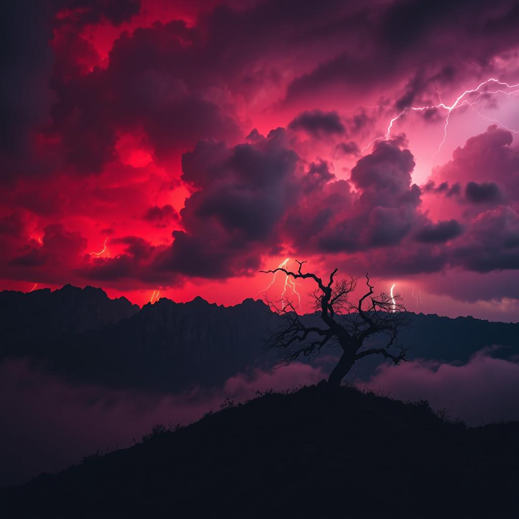 A dramatic and cinematic scene featuring a mysterious landscape at dusk, with dark storm clouds rolling in, illuminated by flashes of vivid lightning