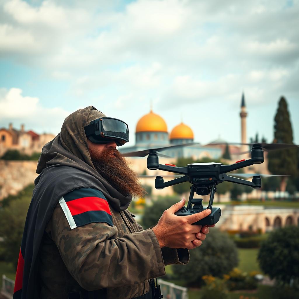 A slightly large, long-bearded Mujahid dressed in military camouflage, wearing a Tawhid flag veil on his arm, is operating an FPV kamikaze quadcopter equipped with an RPG explosive
