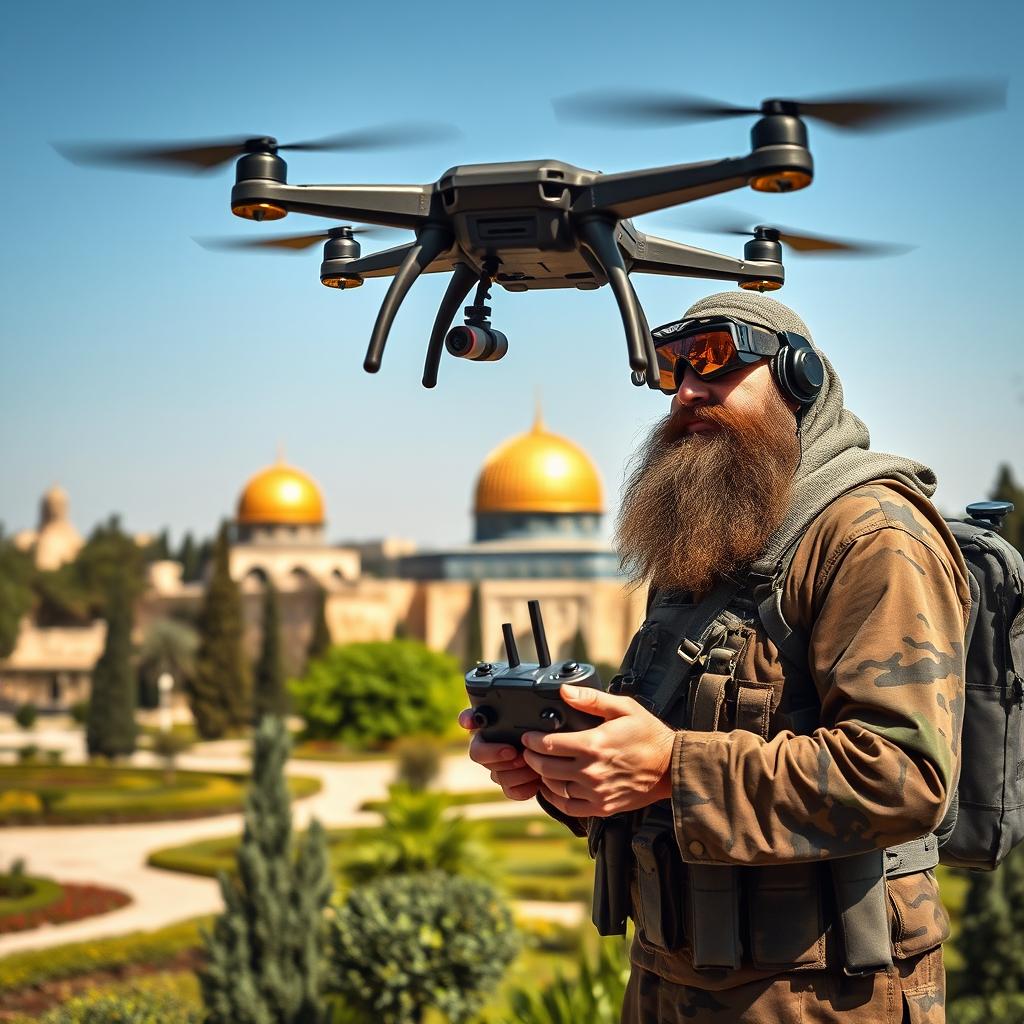 A slightly large, long-bearded Mujahid dressed in military camouflage, expertly flying an FPV kamikaze quadcopter equipped with an RPG explosive