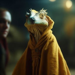 An epic film still of a cute yellow Iguana clad in a rust-colored, cultist cloak. The scene features a shallow depth of field, vignette, highly detailed, high budget bokeh, in a stunning grainy and moody cinemascope.