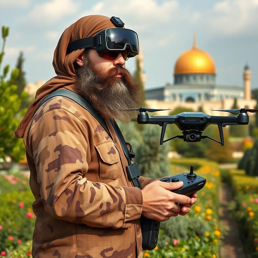 A slightly large, long-bearded Mujahid wearing military camouflage, skillfully piloting a kamikaze FPV quadcopter equipped with an RPG explosive