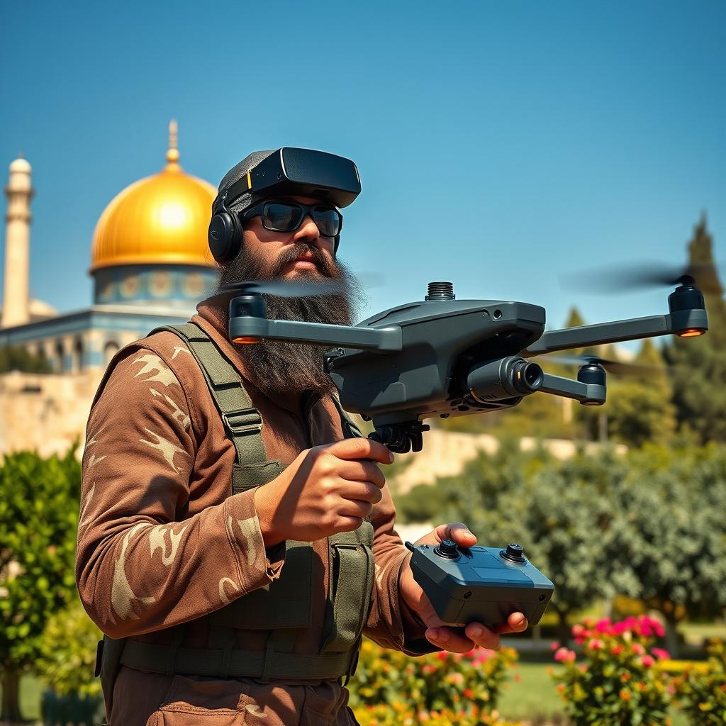 A slightly large long-bearded Mujahid, dressed in military camouflage, flies an FPV kamikaze quadcopter equipped with an RPG explosive in a lush garden setting