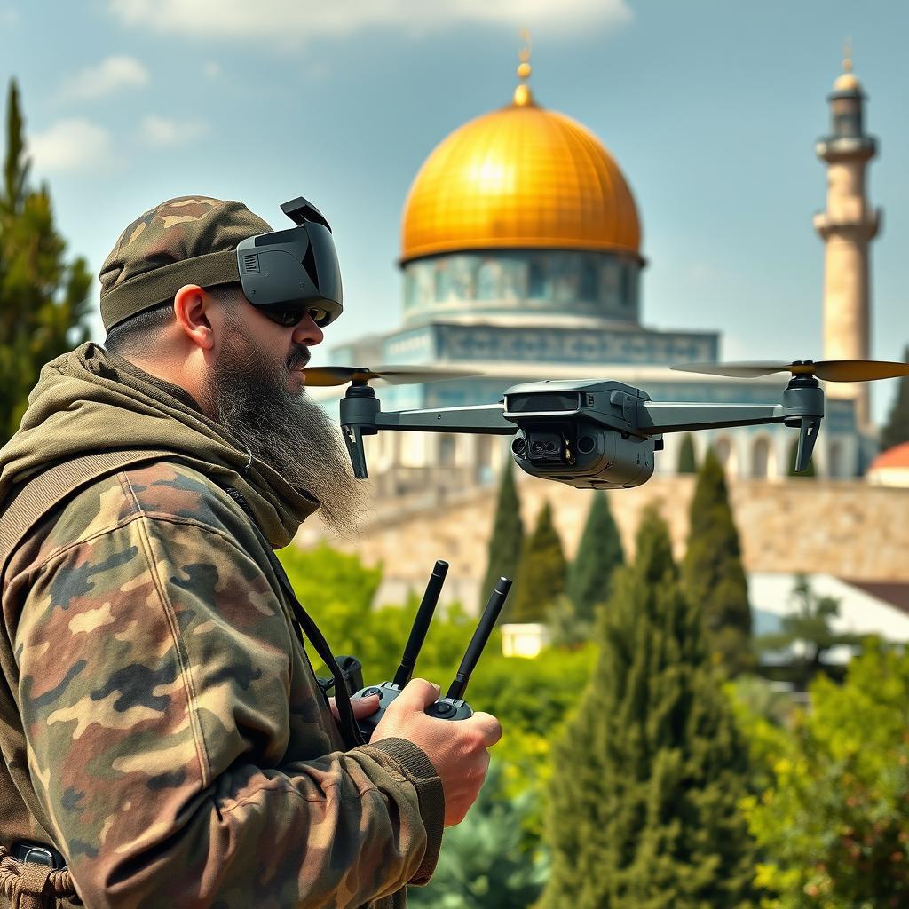 A slightly large, long-bearded Mujahid wearing military camouflage is flying an FPV kamikaze quadcopter equipped with an RPG explosive in the garden of the Al-Aqsa Mosque