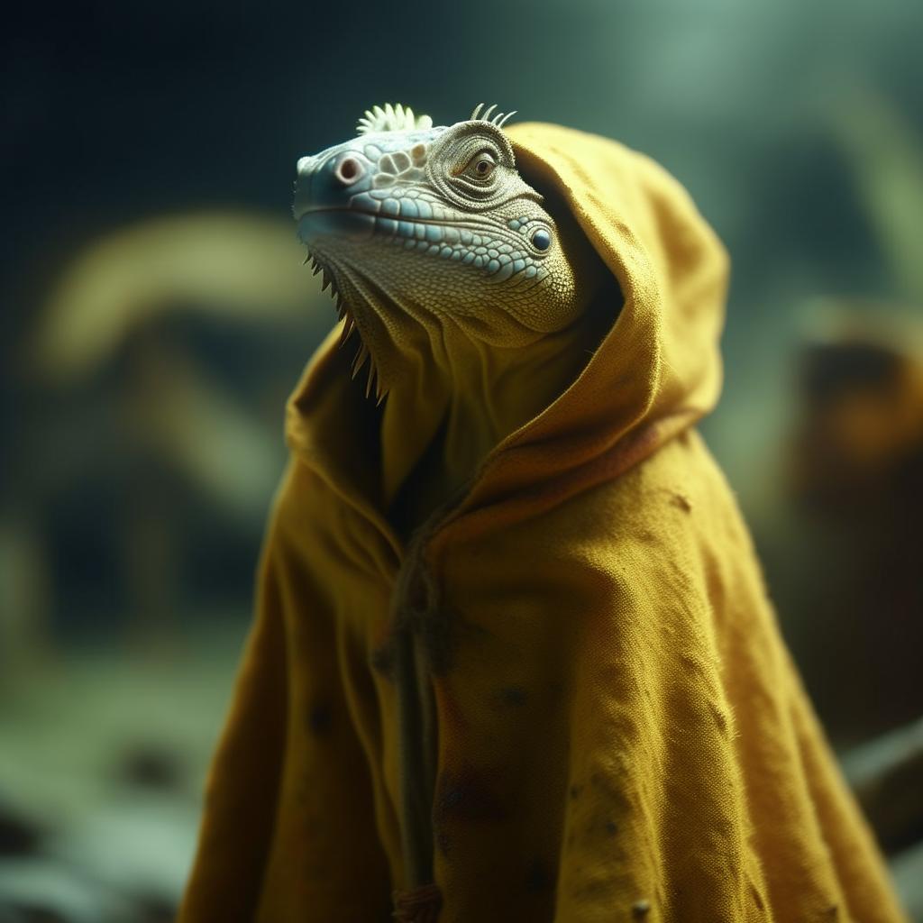 An epic film still of a cute yellow Iguana clad in a rust-colored, cultist cloak. The scene features a shallow depth of field, vignette, highly detailed, high budget bokeh, in a stunning grainy and moody cinemascope.