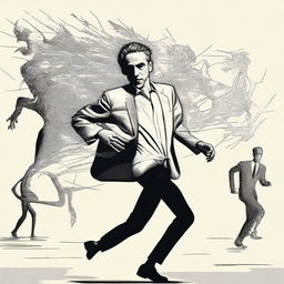 Jordan Peterson running at full speed, leaving behind menacing shadows representing chaos, while striving towards radiant entities symbolizing order.