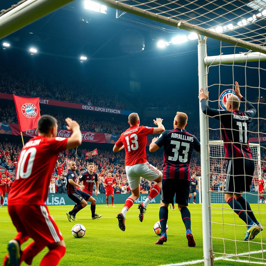 A dynamic and intense scene capturing a football match between Bayern Munich and Inter Milan