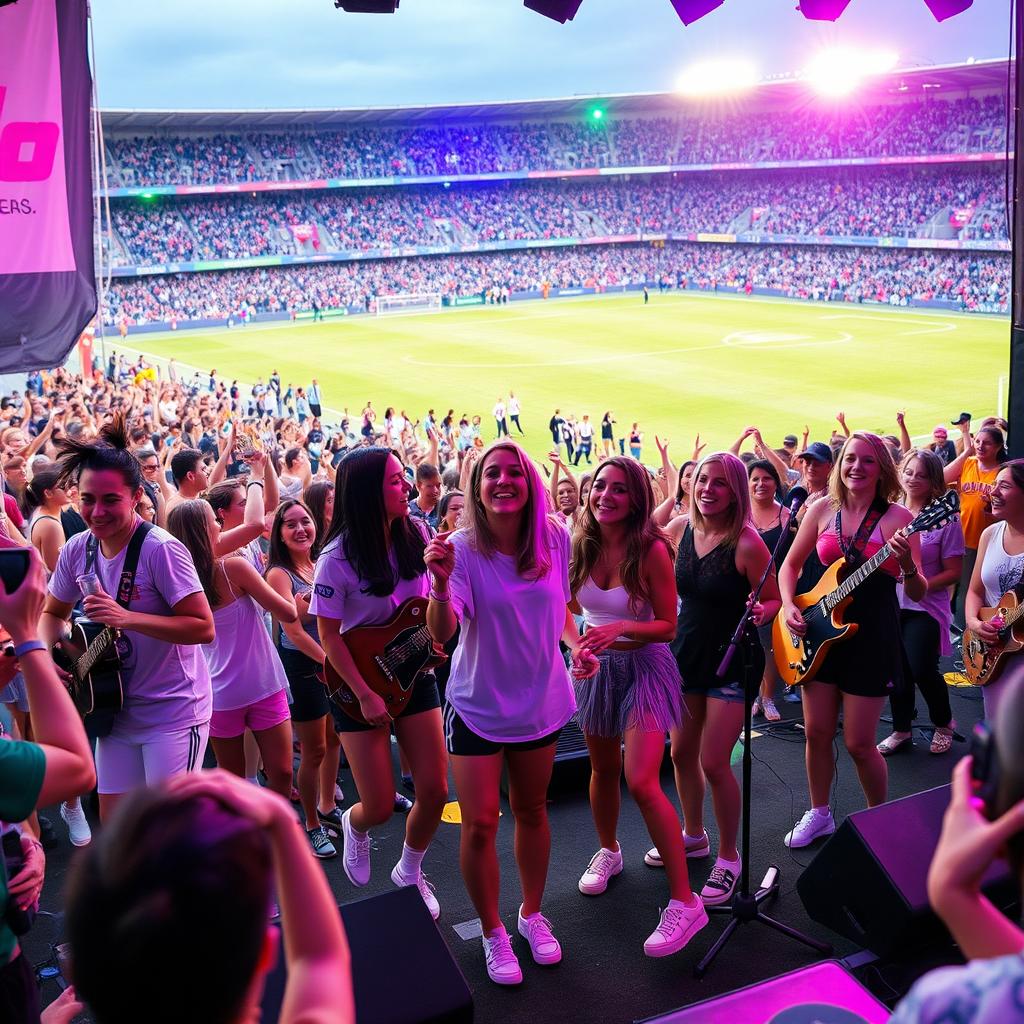 A vibrant outdoor concert featuring a diverse group of female musicians performing energetically before a women's soccer game