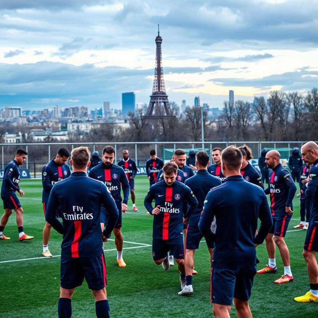 A dramatic scene showcasing Paris Saint-Germain's (PSG) preparation for their upcoming match against Aston Villa