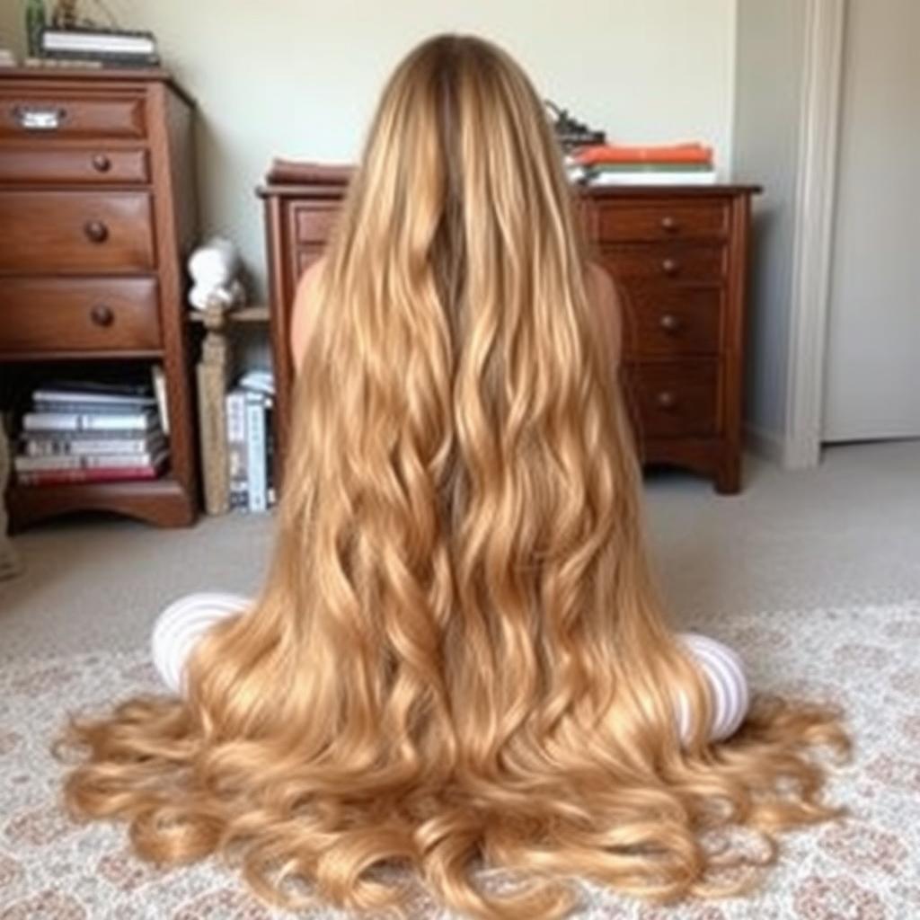 A person sitting on a floor with hair cascading down to the ground, flowing elegantly and thickly behind them