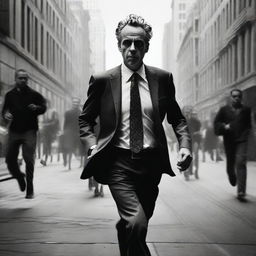 Jordan Peterson running at full speed, leaving behind menacing shadows representing chaos, while striving towards radiant entities symbolizing order.