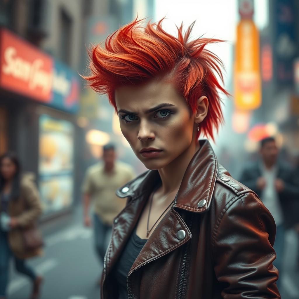A hot-tempered person with fiery red hair and an intense expression, dressed in a stylish leather jacket