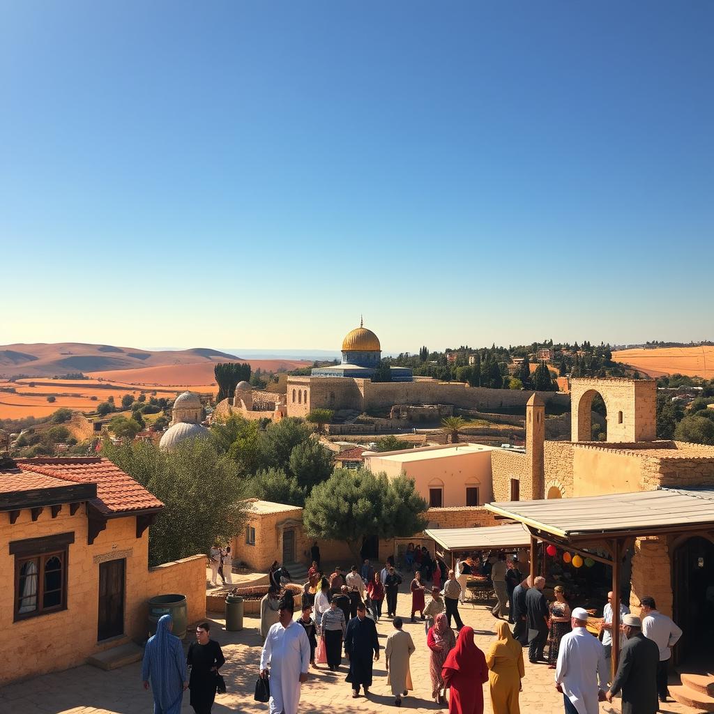 A breathtaking landscape of Palestine, showcasing the ancient city of Jerusalem with its iconic Dome of the Rock, surrounded by vibrant olive trees under a clear blue sky