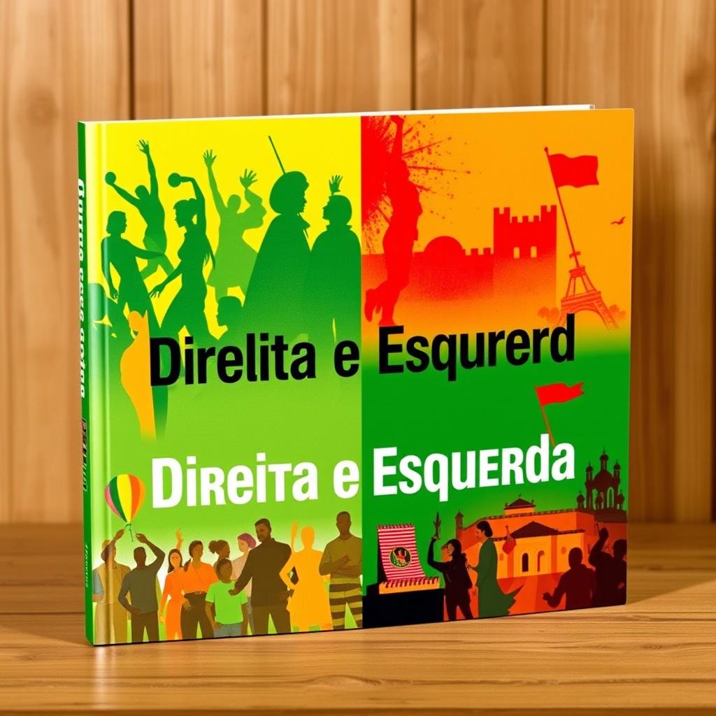 A visually striking book cover for 'Direita e Esquerda, Faces da Mesma Moeda Política' (Right and Left, Faces of the Same Political Coin) using a bold color palette of green, yellow, and red