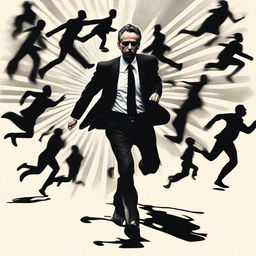 Jordan Peterson running at full speed, leaving behind menacing shadows representing chaos, while striving towards radiant entities symbolizing order.