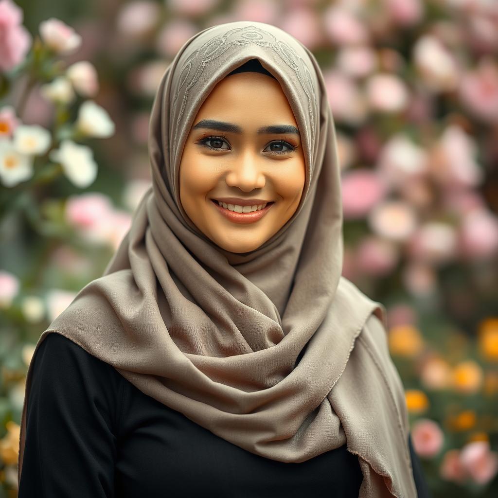 A beautiful woman wearing a hijab, elegantly styled with intricate patterns