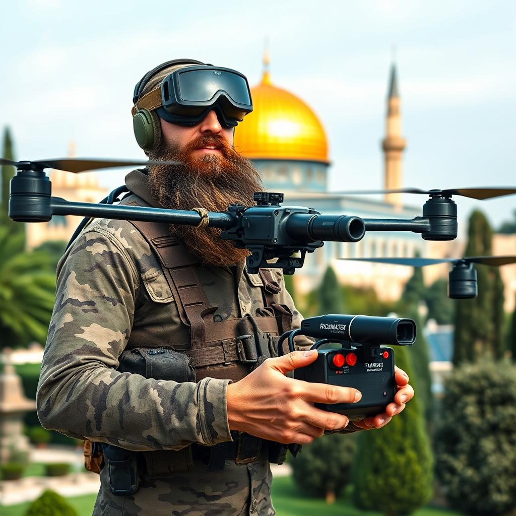 A slightly large, long-bearded Mujahid wearing military camouflage, confidently flying an FPV kamikaze quadcopter outfitted with an RPG explosive