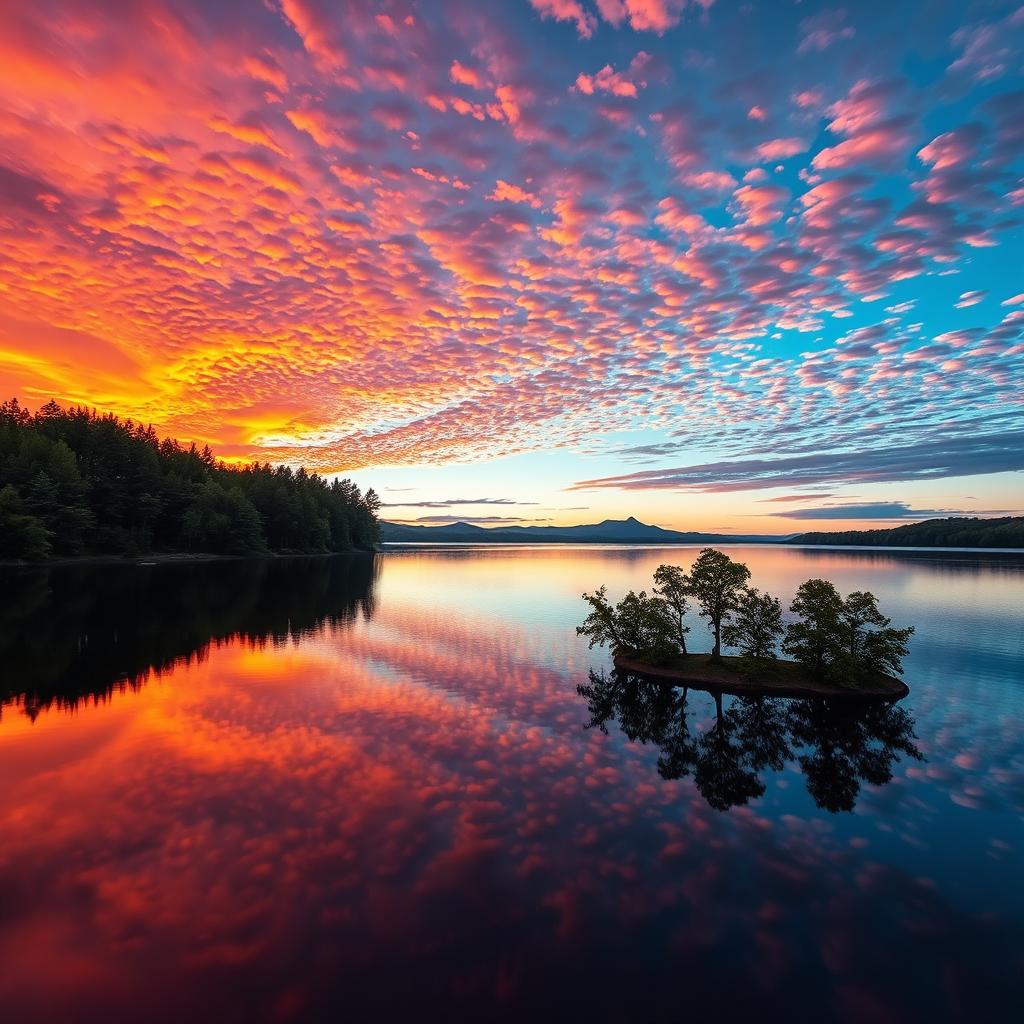 Enhancing the colors and clarity of a vibrant landscape photograph during sunset, showcasing a bright orange and pink sky reflecting on a calm lake with lush green trees around