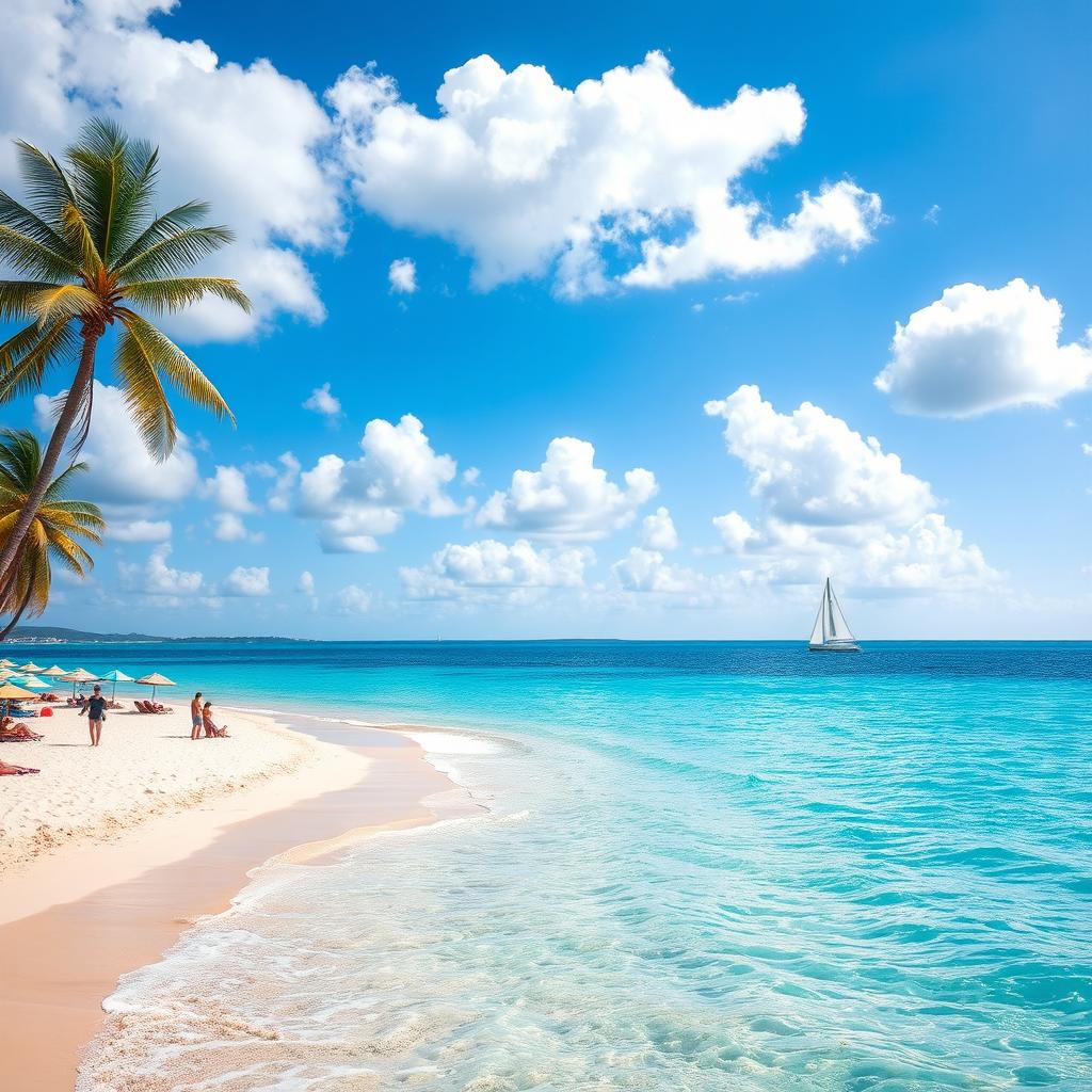A vibrant scene of a beautiful beach with clear blue water gently lapping at the shore