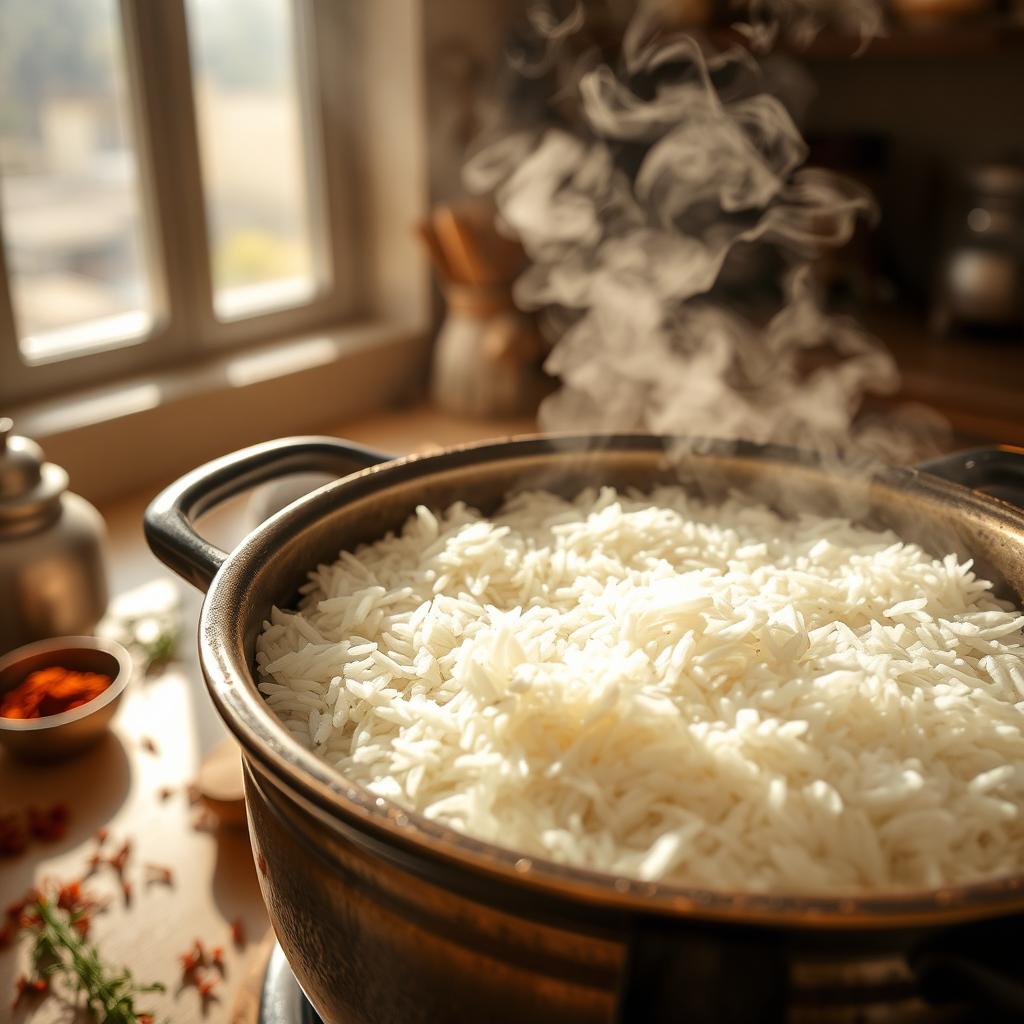 A close-up view of high-quality Hashmi rice cooking in a traditional pot, with steam rising and the rice grains perfectly fluffy and white