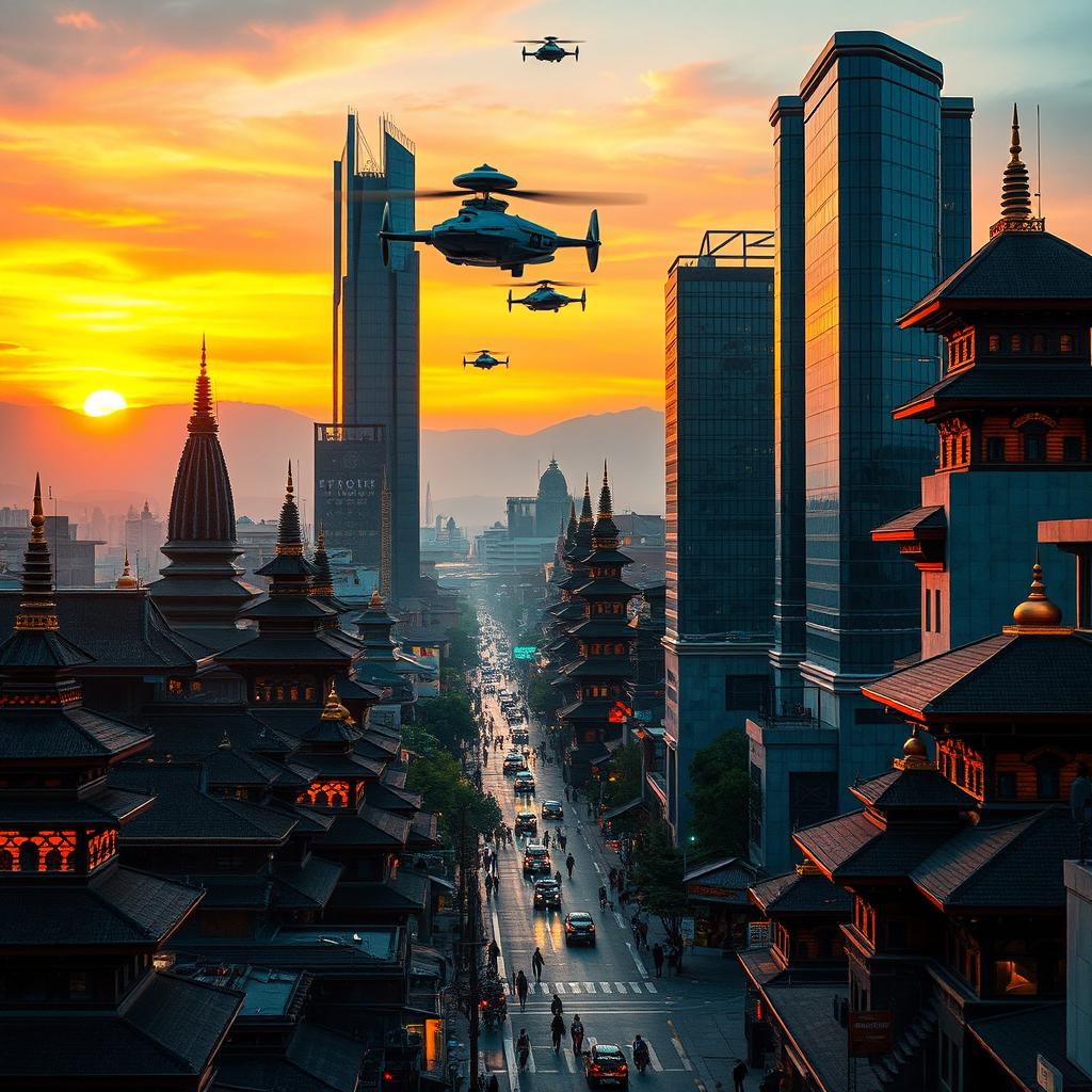 A stunning futuristic view of Kathmandu featuring traditional pagoda temples juxtaposed with sleek glass skyscrapers