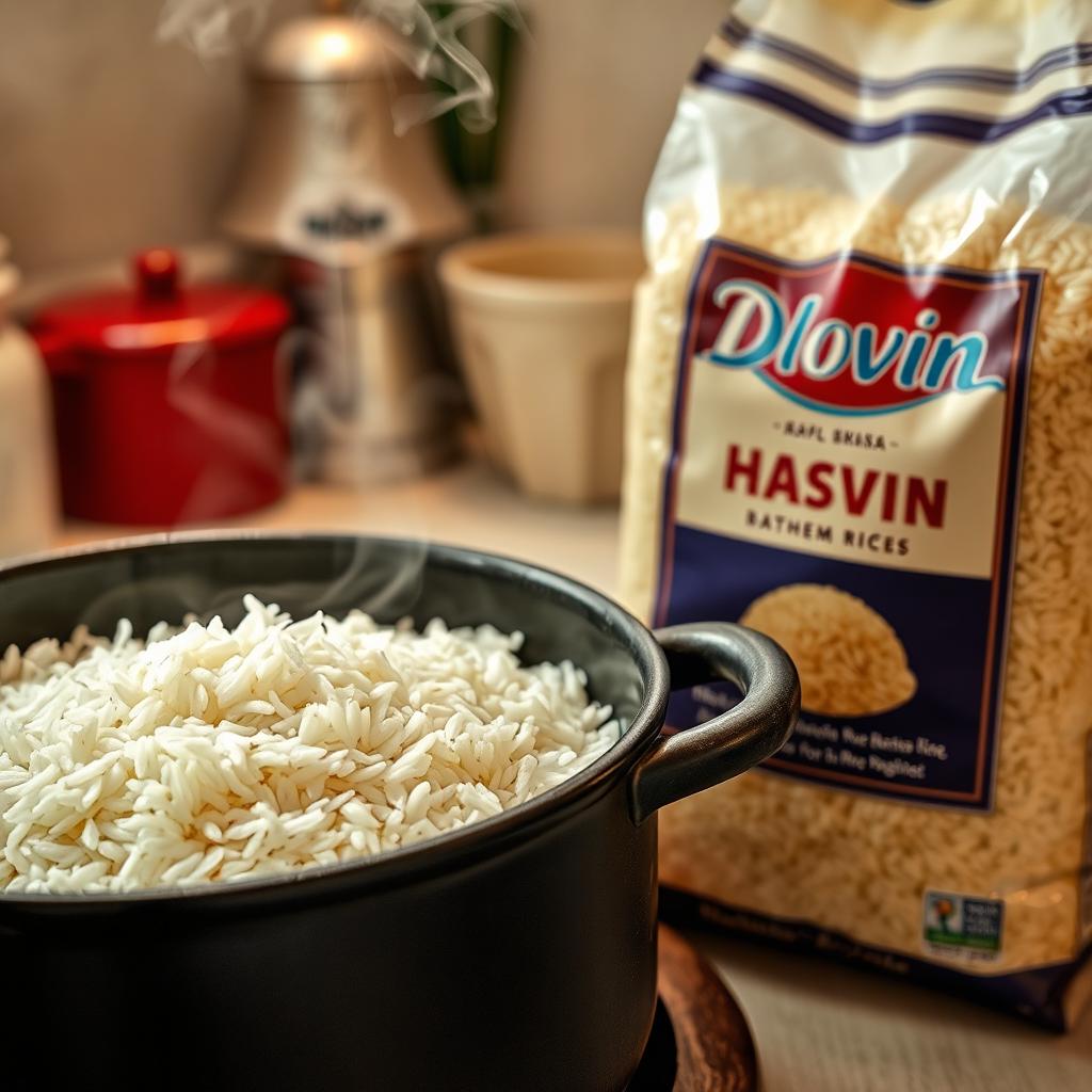 A close-up image of Hashemi rice cooking in a pot, with the steam rising and a kitchen background