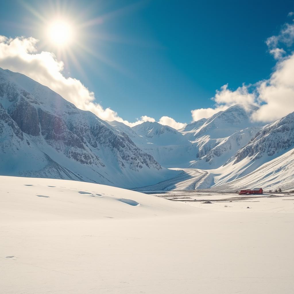 A breathtaking winter landscape featuring majestic snow-covered mountains under a bright, shining sun