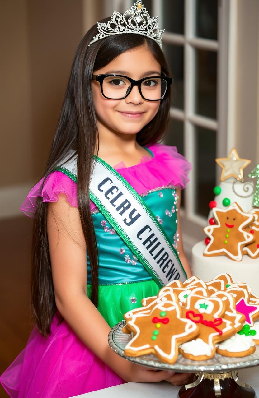 A long-haired brunette girl wearing stylish black frame glasses, elegantly dressed in a colorful pageant dress embellished with sequins and ruffles