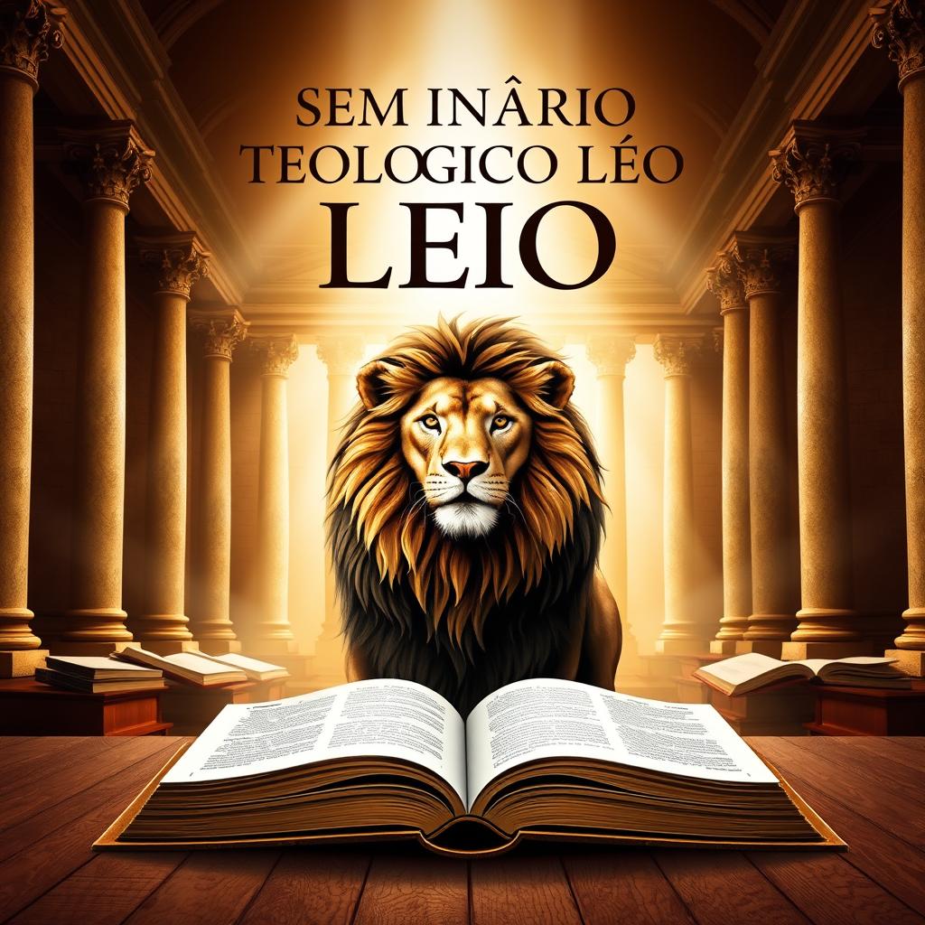 An inspiring and dignified book cover for 'Seminário Teológico Leão' (Lion Theological Seminary)
