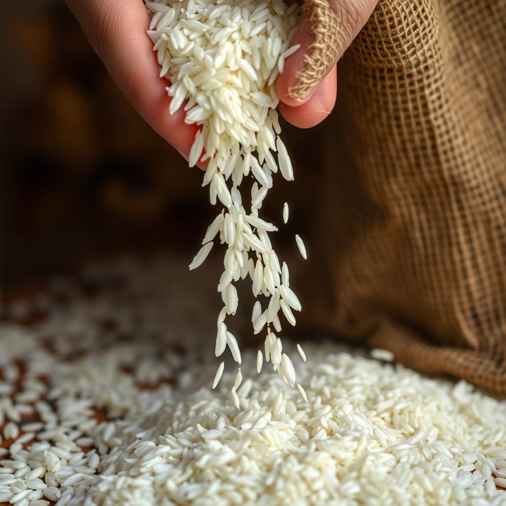 A close-up scene featuring a hand pouring rice from a bag, with grains cascading down beautifully