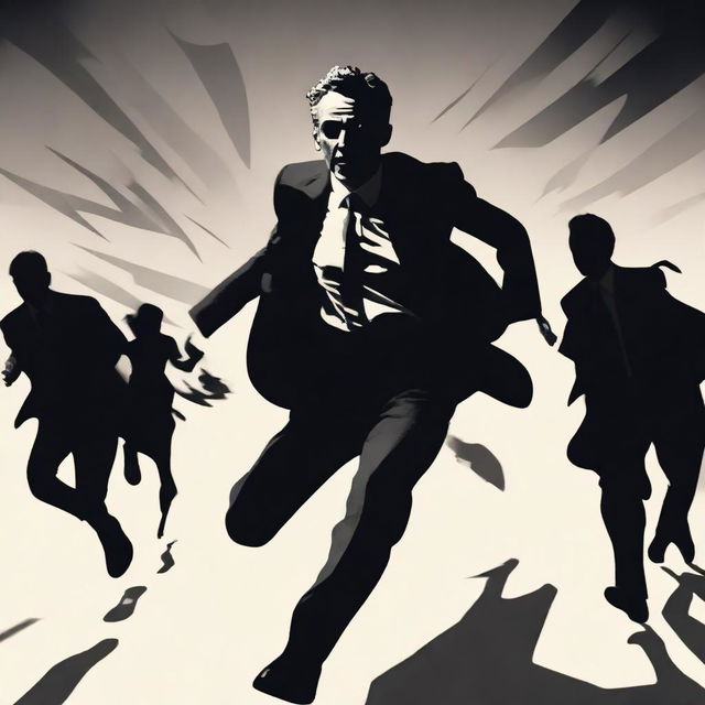 An artistic portrayal of Jordan Peterson in mid-run, with ominous shadowy figures, symbolic of personal demons, fading in the background.