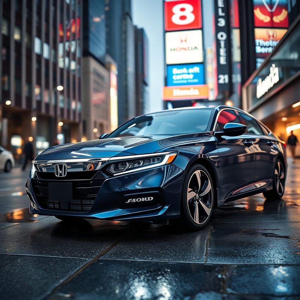 A sleek and modern Honda Accord parked in an urban setting, showcasing its stylish design and elegant curves
