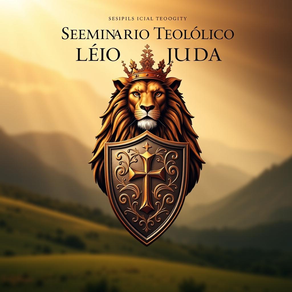 An impactful book cover design for 'Seminário Teológico Leão de Judá com Escudo com Símbolo da Teologia' (Lion of Judah Theological Seminary with Shield featuring a Theology Symbol)