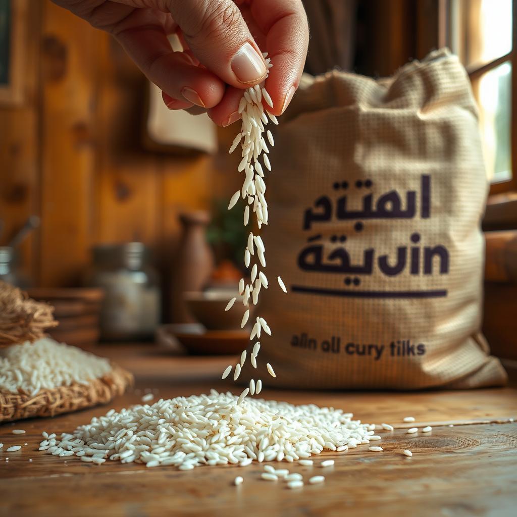 A close-up view of rice spilling from a hand next to a burlap sack labeled in Persian 'دلویین' (Delvin)