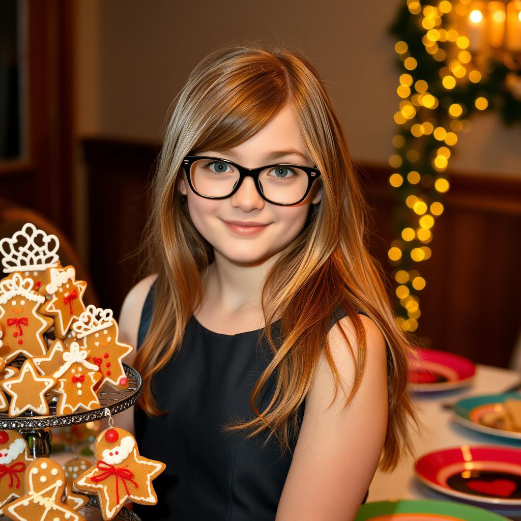 A light brown-haired teenager with long hair, wearing stylish black-framed glasses and dressed in an elegant formal dress