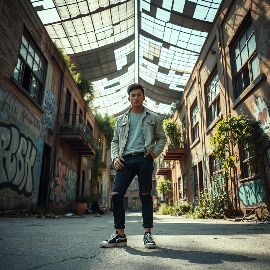 A striking commercial scene featuring a person standing confidently in a visually stunning yet abandoned urban setting