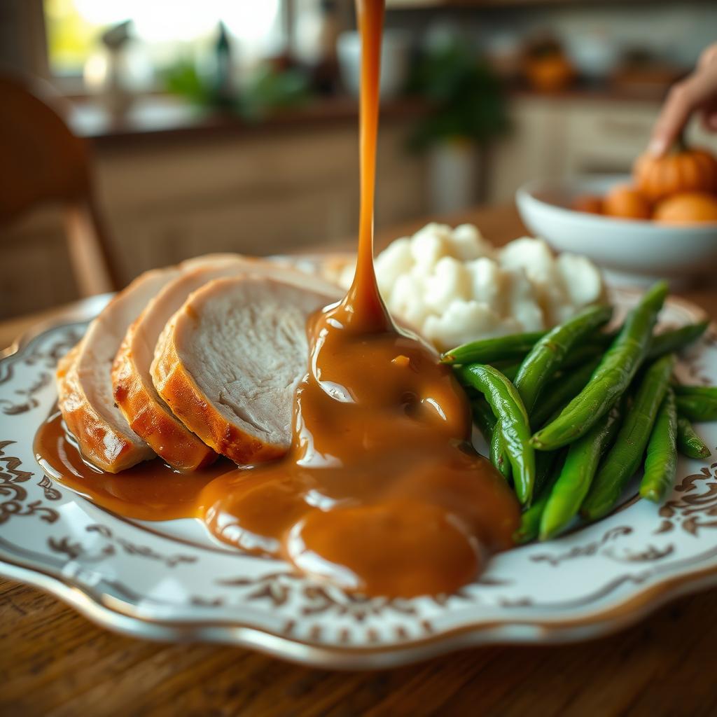 A beautifully arranged plate of food, featuring tender roasted turkey, mashed potatoes, and vibrant green beans arranged elegantly