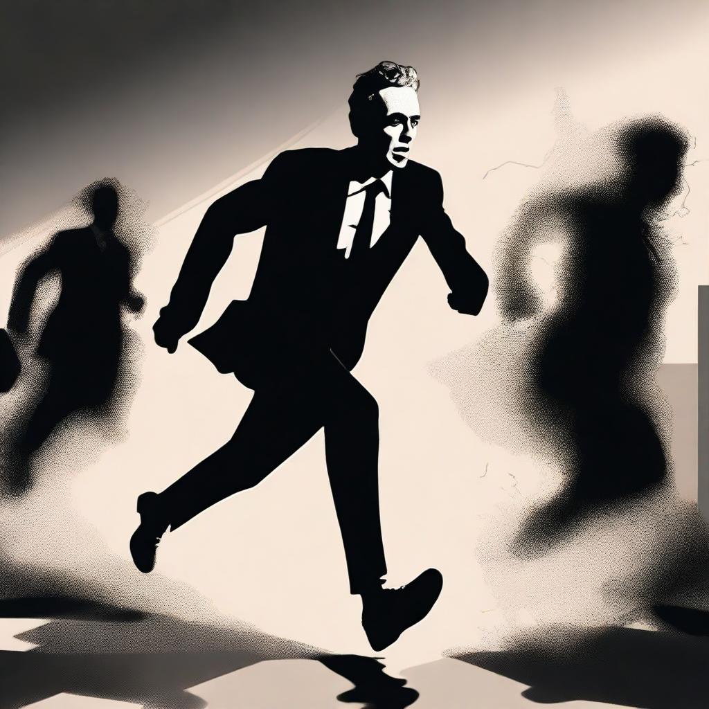 An artistic portrayal of Jordan Peterson in mid-run, with ominous shadowy figures, symbolic of personal demons, fading in the background.