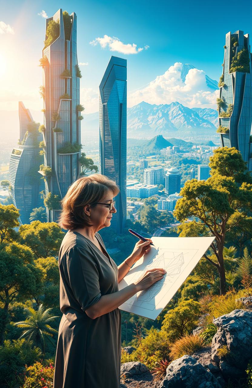 A surreal and imaginative depiction of an architect's journey, showcasing vibrant landscapes blending futuristic cityscapes and organic nature