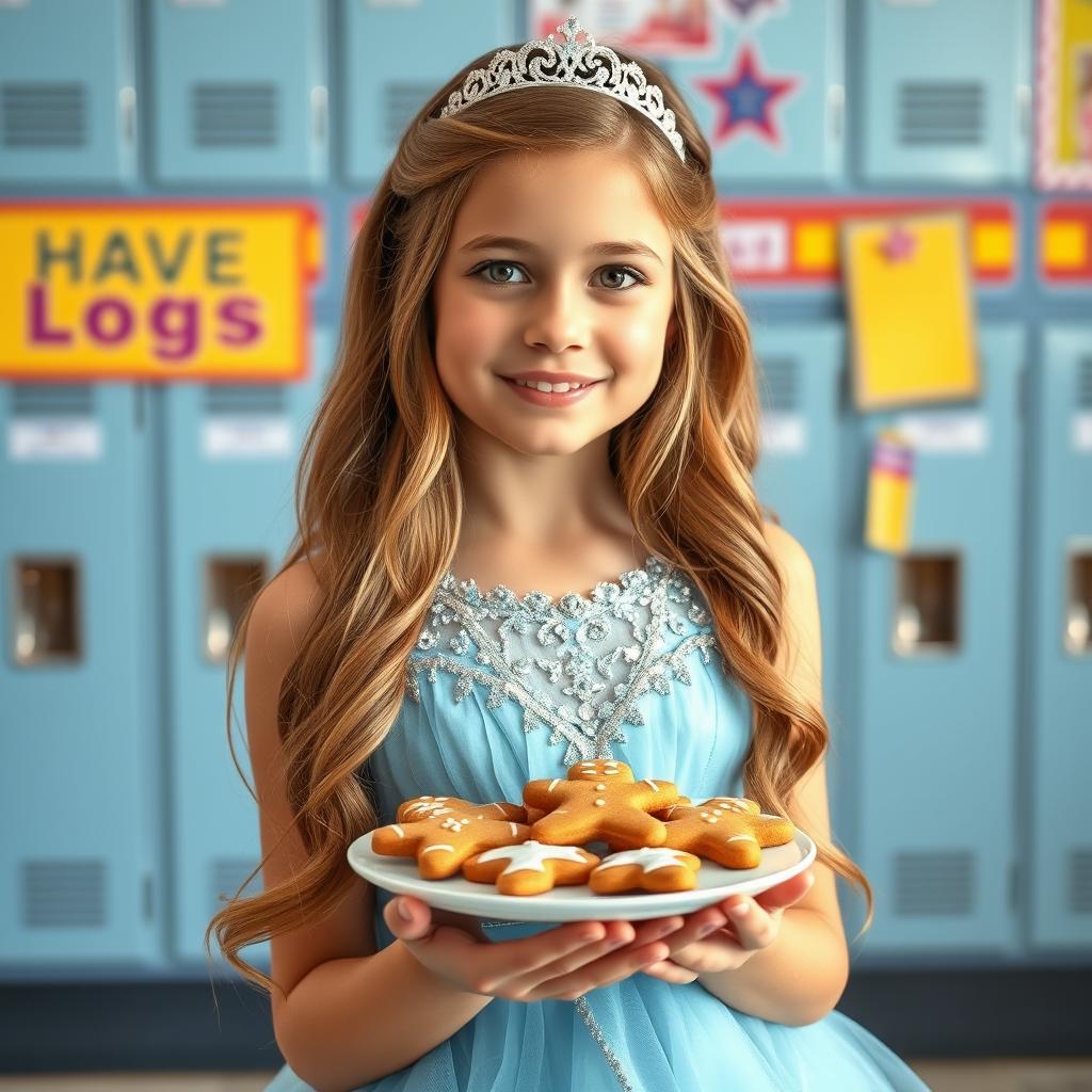 A full body portrait of a 16-year-old girl with long light brown hair elegantly styled, wearing a stunning ice blue pageant dress adorned with sparkling details
