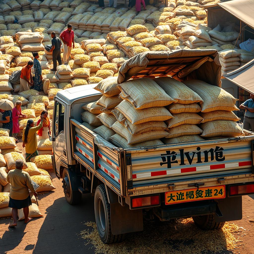 A vibrant scene of a truck loading rice, with the name 'دلویین' (Delvin) prominently displayed on the side of the vehicle