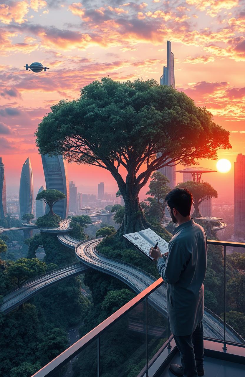 A journey of an architect exploring surreal landscapes that blend nature and urban architecture