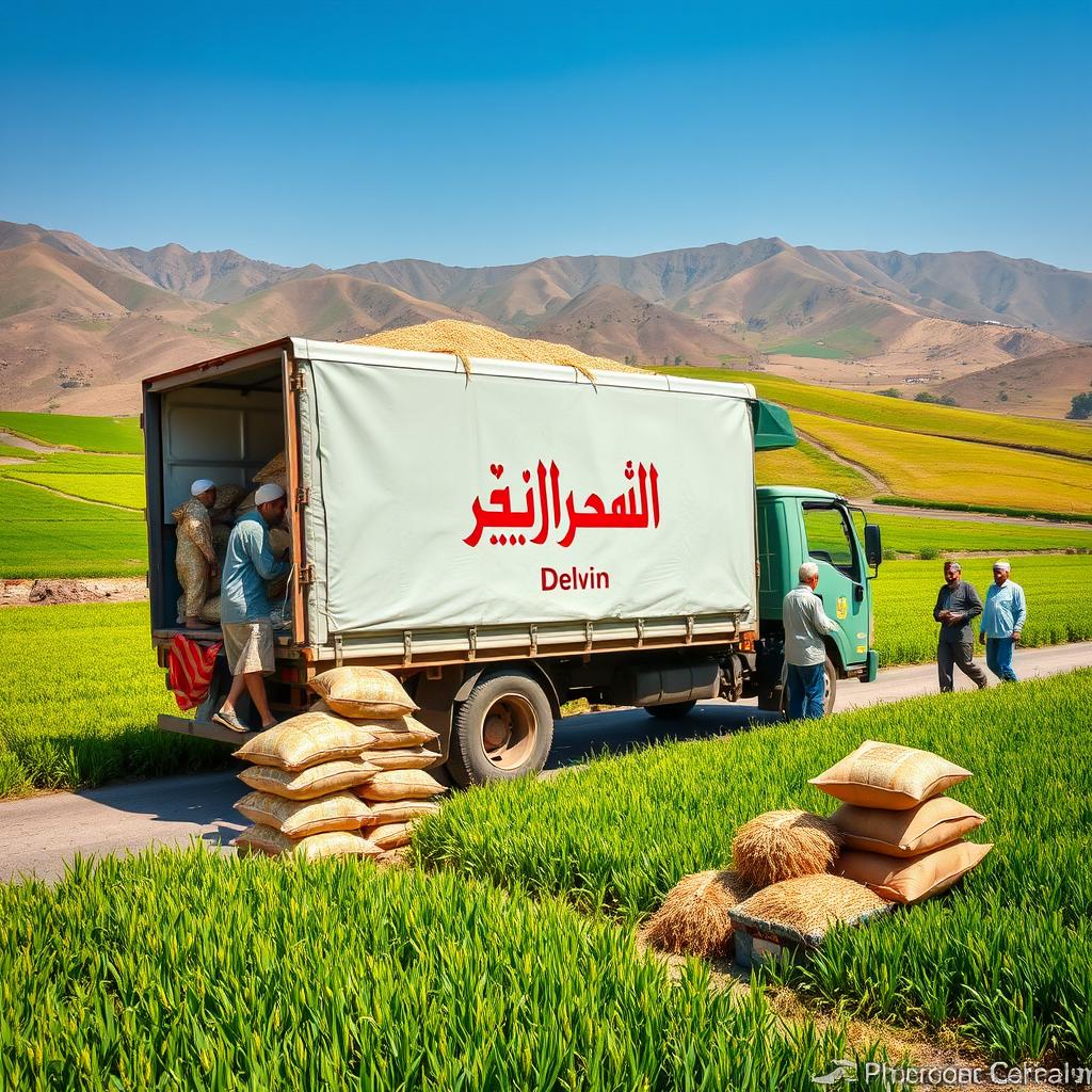 A colorful scene of a truck in Iran loading rice, prominently displaying the Persian name 'دلویین' (Delvin) on its side