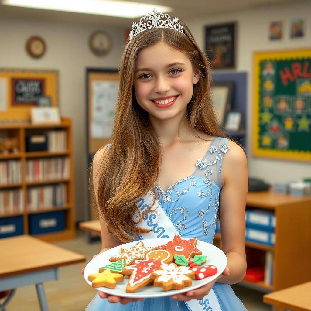 A teenage girl with long light brown hair, elegantly styled, wearing a stunning ice blue pageant dress decorated with subtle glimmering accents