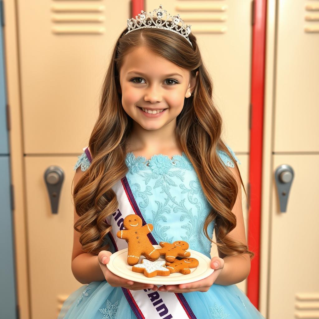 A teenage girl with long, light brown hair styled elegantly, wearing a beautiful ice blue pageant dress adorned with intricate details